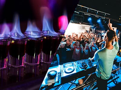 A split image of some flaming shots and a DJ with a crowd in the background