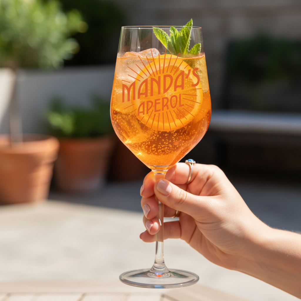 A custom spritz glass that has been personalised with the text Manda's Aperol in big orange font which is filled with Aperol
