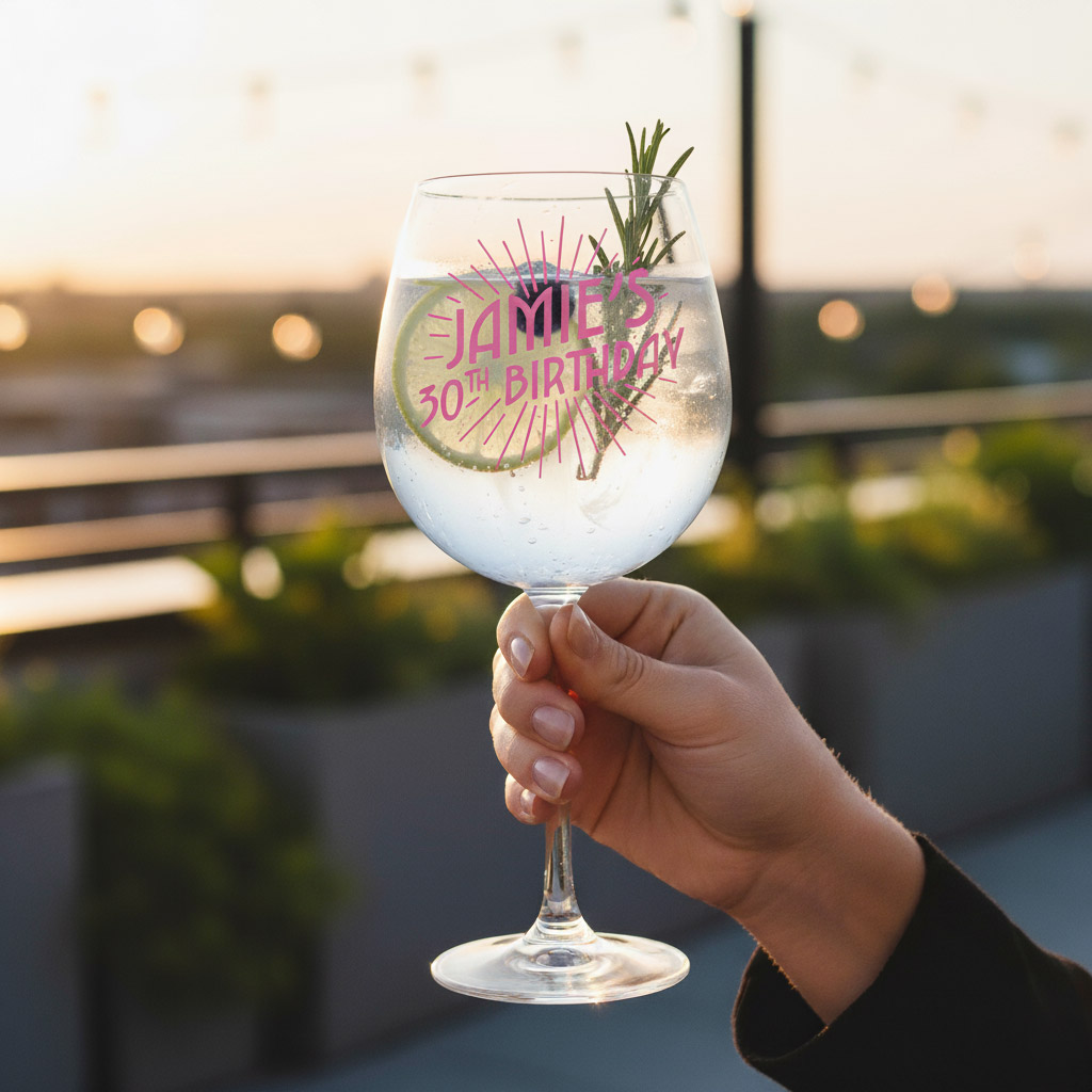 A custom gin glass that has been personalised with the text Jamie's 30th Birthday in big pink font which is filled with clear liquid
