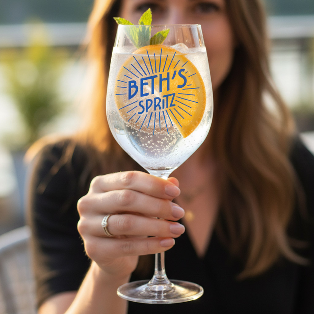 A custom spritz glass that has been personalised with the text Beth's Spritz in big blue font which is filled with a clear liquid