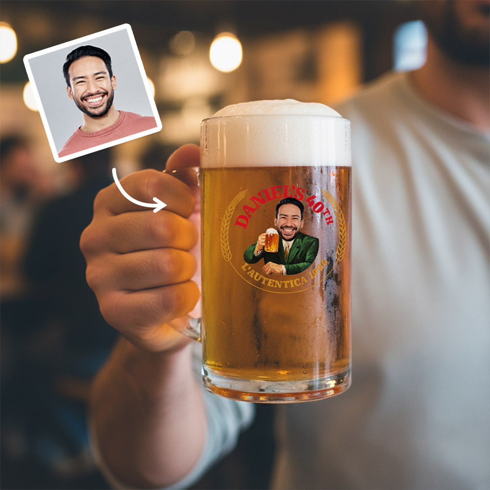 A custom Moretti themed stein that has been personalised with a photo of a man the custom text Daniel's 40th