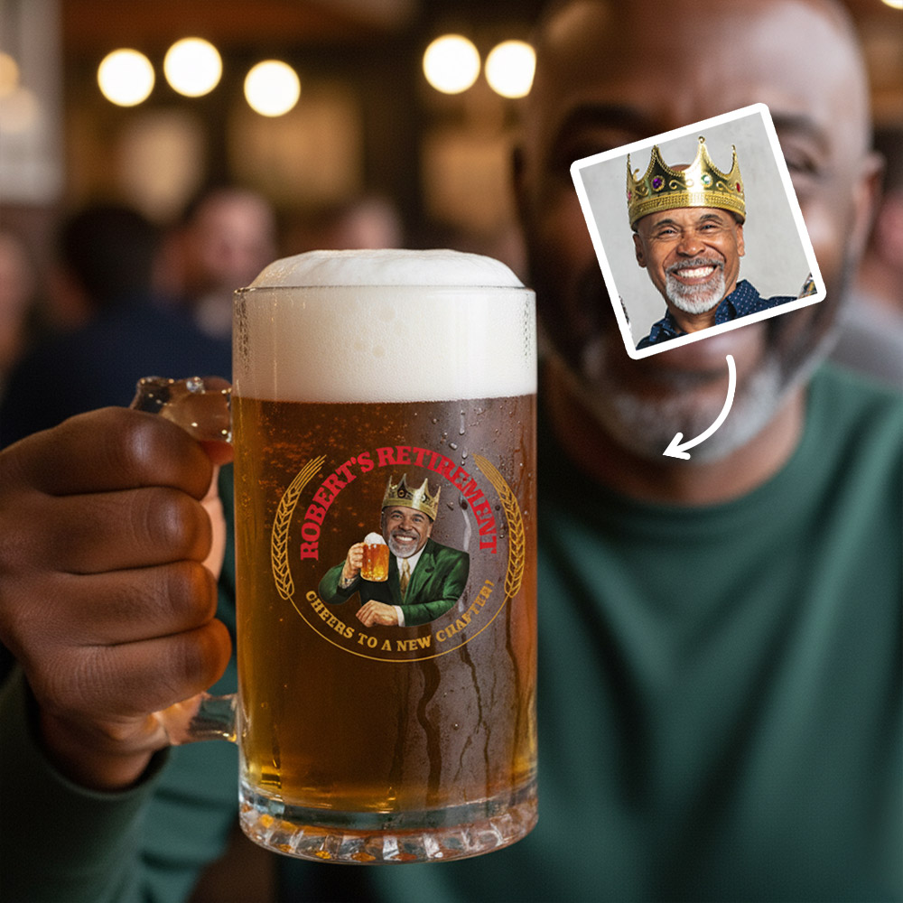 A custom Moretti themed stein that has been personalised with a photo of a man the custom text Robert's Retirement Cheers To A New Chapter