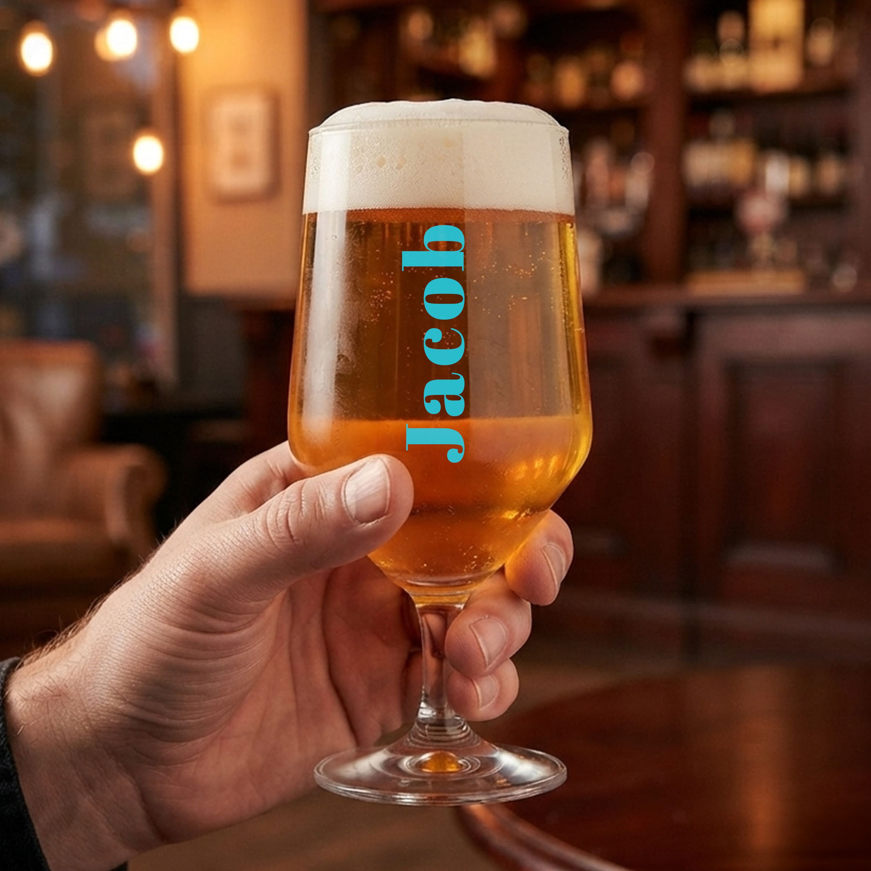 Someone holding a personalised glass in a pub setting with custom text reading Jacob that runs vertically up the glass