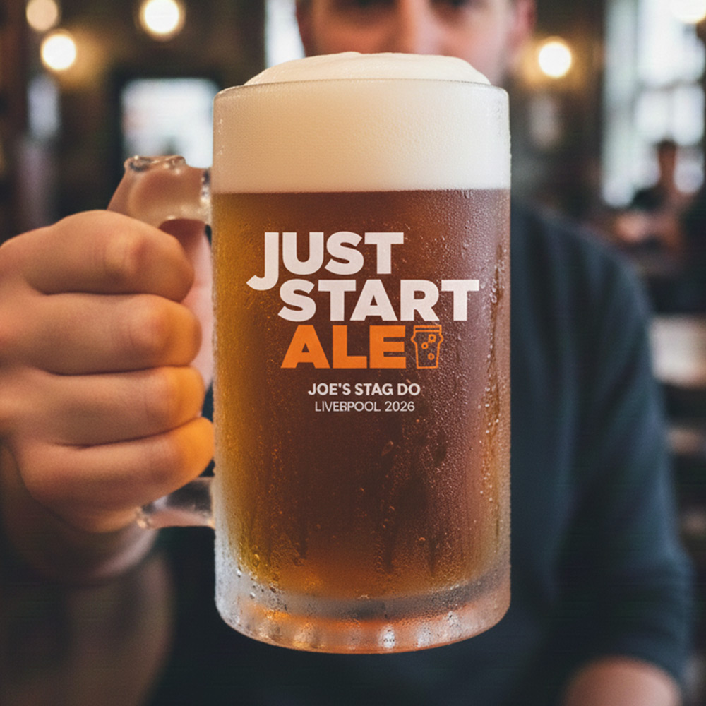 A custom Just Stop Oil themed stein that reads Just Start Ale and has been personalised with the custom text Joe's Stag Do, Liverpool 2026