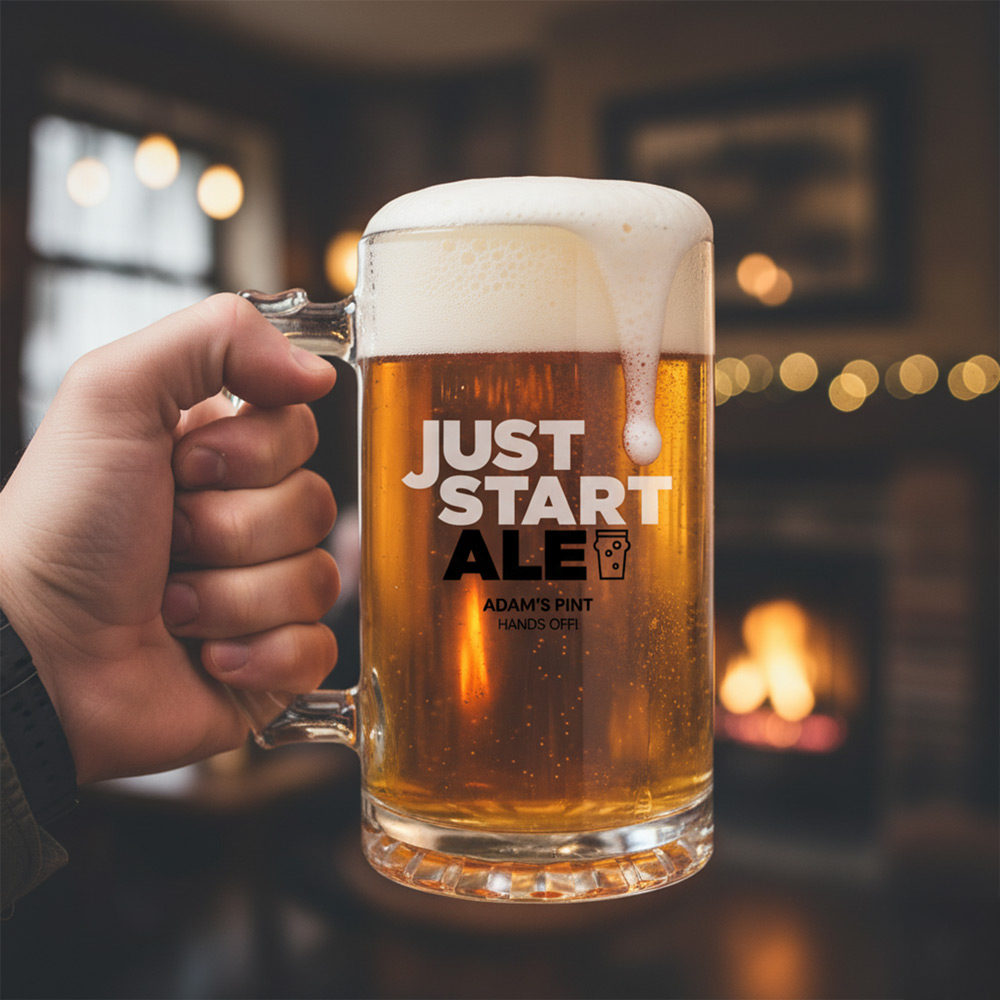 A custom Just Stop Oil themed stein that reads Just Start Ale and has been personalised with the custom text Adam's Pint, Hands Off