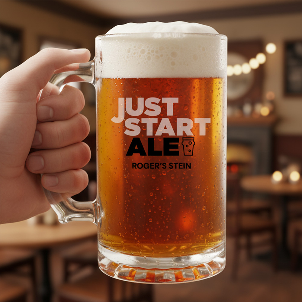 A custom Just Stop Oil themed stein that reads Just Start Ale and has been personalised with the custom text Roger's Stein with a pub backdrop 