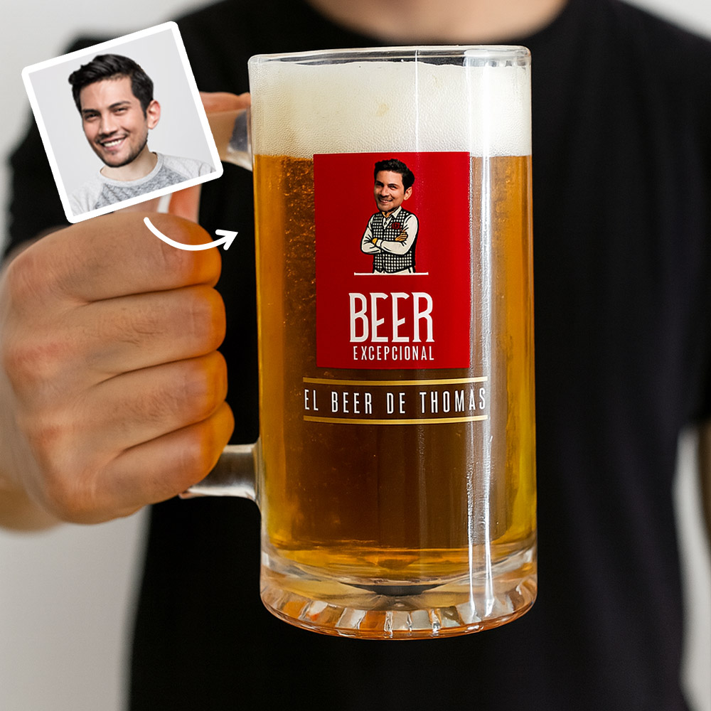 A man holding a custom Madri themed stein that has been customised with a picture of a man inserted into the Madrid logo with custom text reading El Beer De Thomas