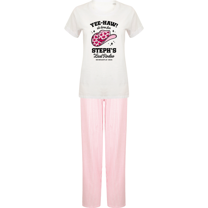 A pair of custom hen do PJs that have a white top and grey bottoms with a cowboy hat deisng with custom text reading Yeehaw it's time for Steph's Last Rodeo Newcastle 2028