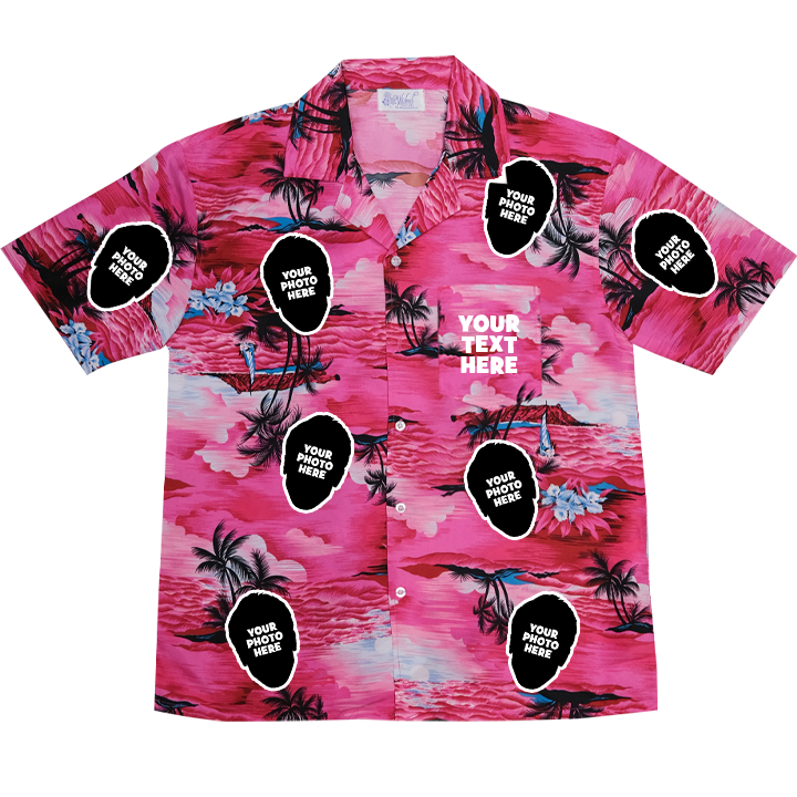  A pink custom hen do Hawaiian shirt with eight face shaped icons reading your photo here 