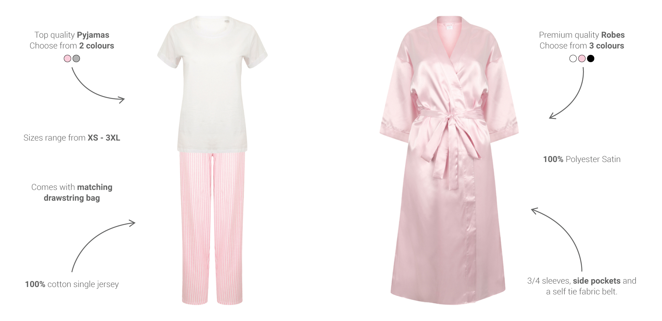 Some Pjs annotated with 100% cotton single jersey and some robes annotated with 100% polyester satin 