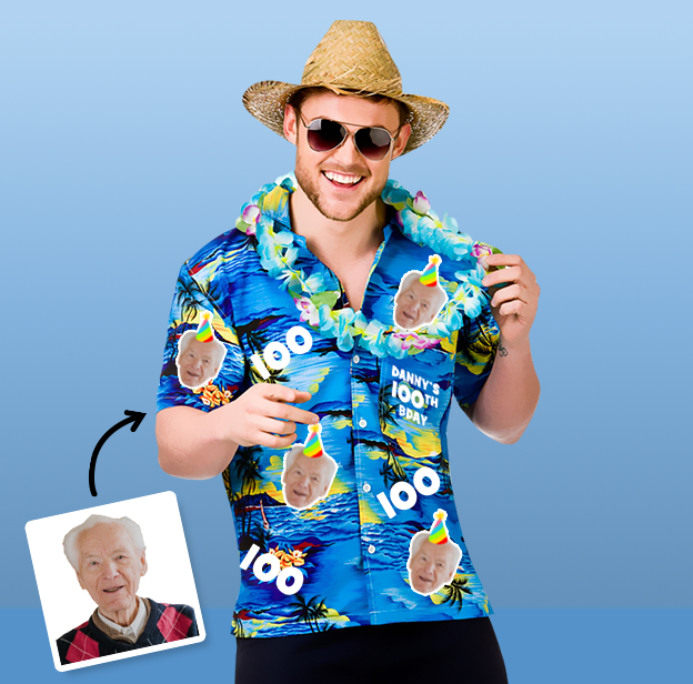 A male model wearing a 100th birthday Hawaiian shirt that can be personalised with photos of your friend’s face put all over the shirt 