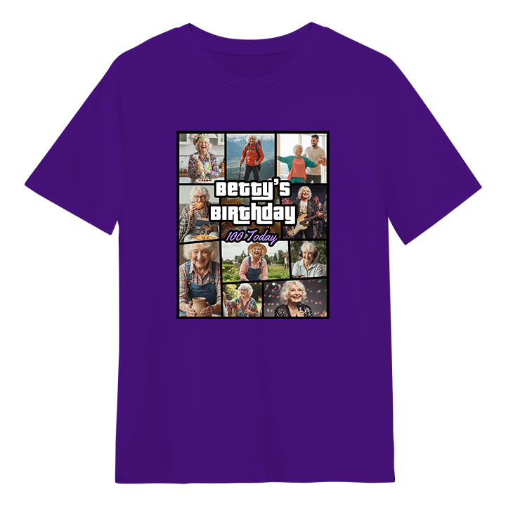 A GTA themed 100th birthday t-shirt that has been personalised with pictures of a 100 year old woman with custom text reading Betty's Birthday 100 Today