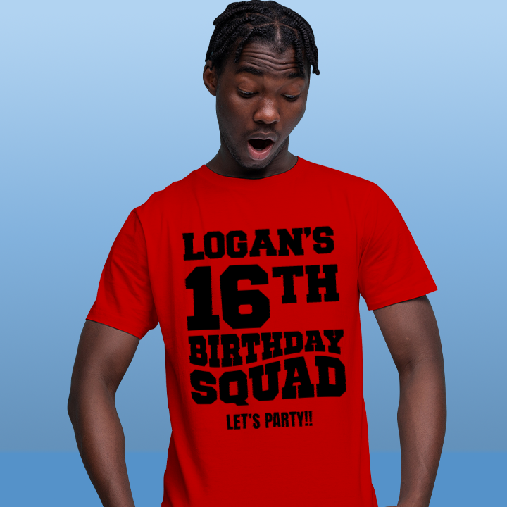 A custom 16th birthday shirt which has the custom text Quincy's 16th Birthday Squad, Let's Party!! in a bold blocky font 