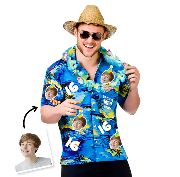 A male model wearing a 16th birthday Hawaiian shirt that can be personalised with photos of your friend’s face put all over the shirt