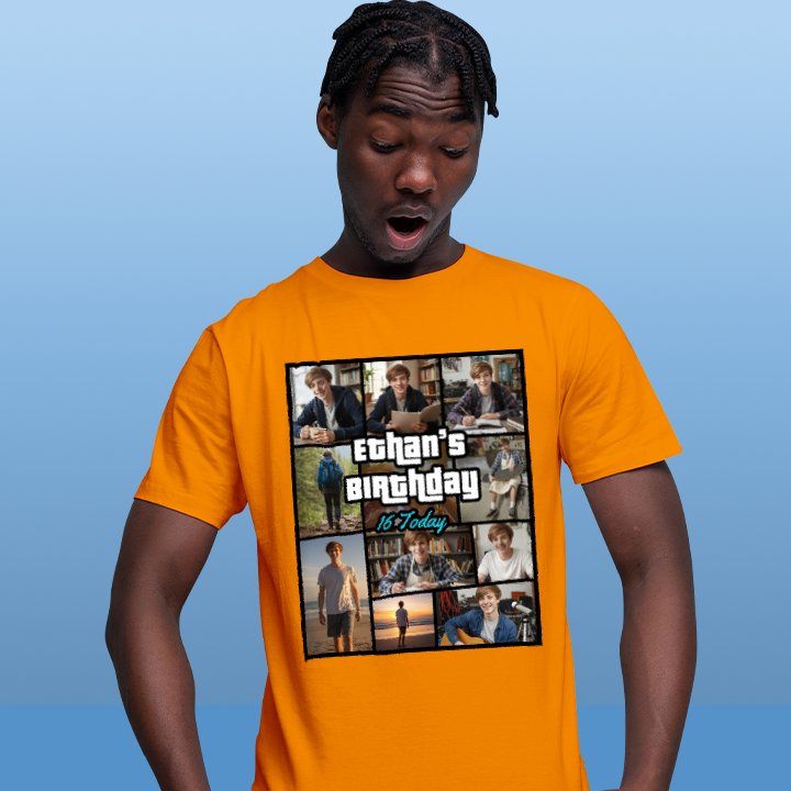 A male model wearing a GTA themed 16th birthday t-shirt that has been personalised with pictures of a 16 year old boy with custom text reading Ethan's Birthday 16 Today 