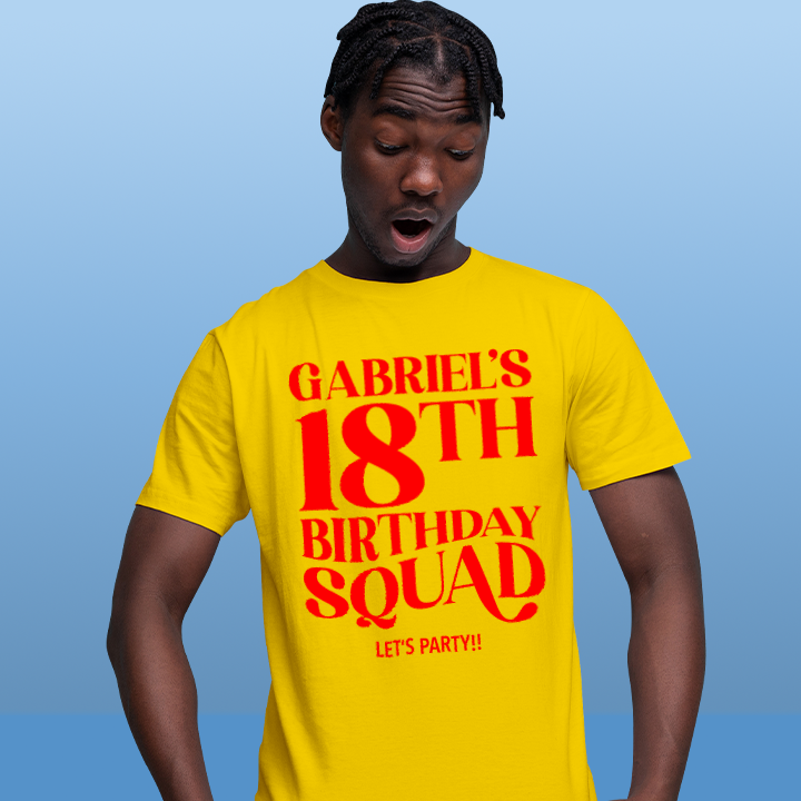 A custom 18th birthday shirt which has the custom text Ahmad's 18th Birthday Squad, Let's Party!! in a fancy font 