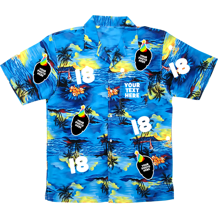A 18th birthday Hawaiian shirt that can be personalised with photos of your friend’s face put all over the shirt 