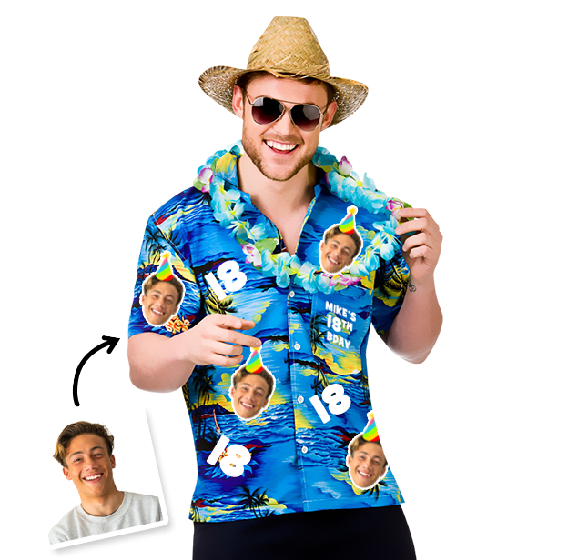 A male model wearing an 18th birthday Hawaiian shirt that can be personalised with photos of your friend’s face put all over the shirt