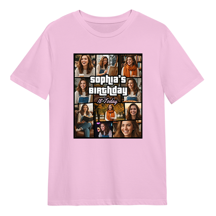 A GTA themed 18th birthday t-shirt that has been personalised with pictures of an 18 year old girl with custom text reading Sophia's Birthday 18 Today