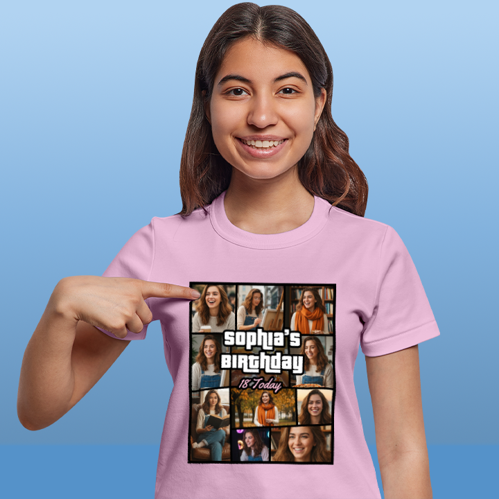 A female model wearing a GTA themed 18th birthday t-shirt that has been personalised with pictures of an 18 year old girl with custom text reading Sophia's Birthday 18 Today 