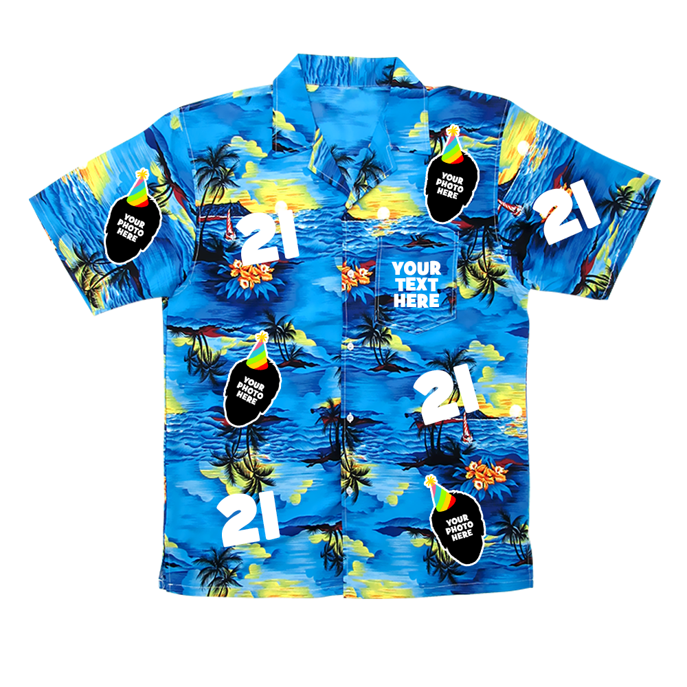 A 21st birthday Hawaiian shirt that can be personalised with photos of your friend’s face put all over the shirt 