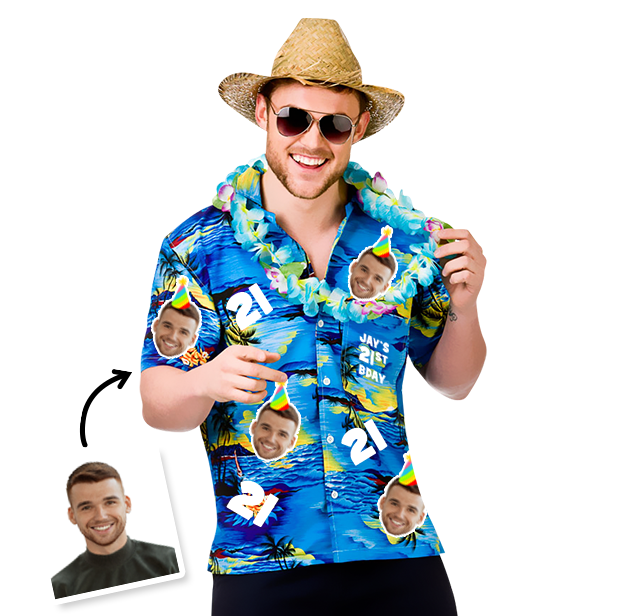 A male model wearing a 21st birthday Hawaiian shirt that can be personalised with photos of your friend’s face put all over the shirt