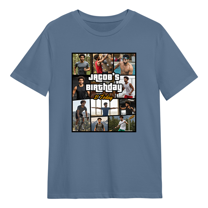 a GTA themed 21st birthday t-shirt that has been personalised with pictures of a 21 year old man with custom text reading Jacob's Birthday 21 Today