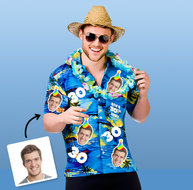 A male model wearing a 30th birthday Hawaiian shirt that can be personalised with photos of your friend’s face put all over the shirt 