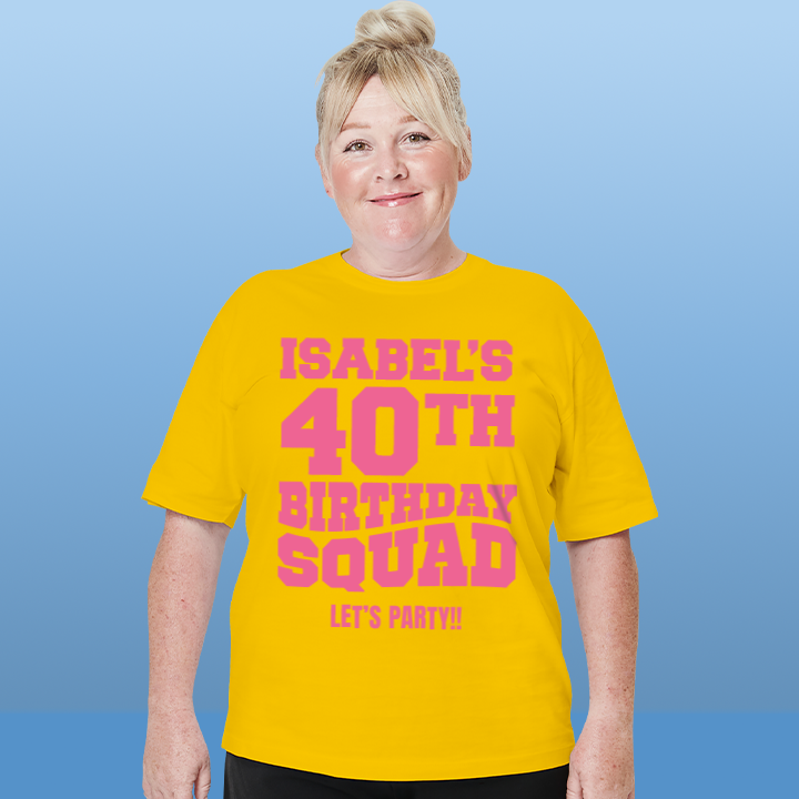 A custom 40th birthday shirt which has the custom text Billie's 40th Birthday Squad, Let's Party!! in a bold blocky font 