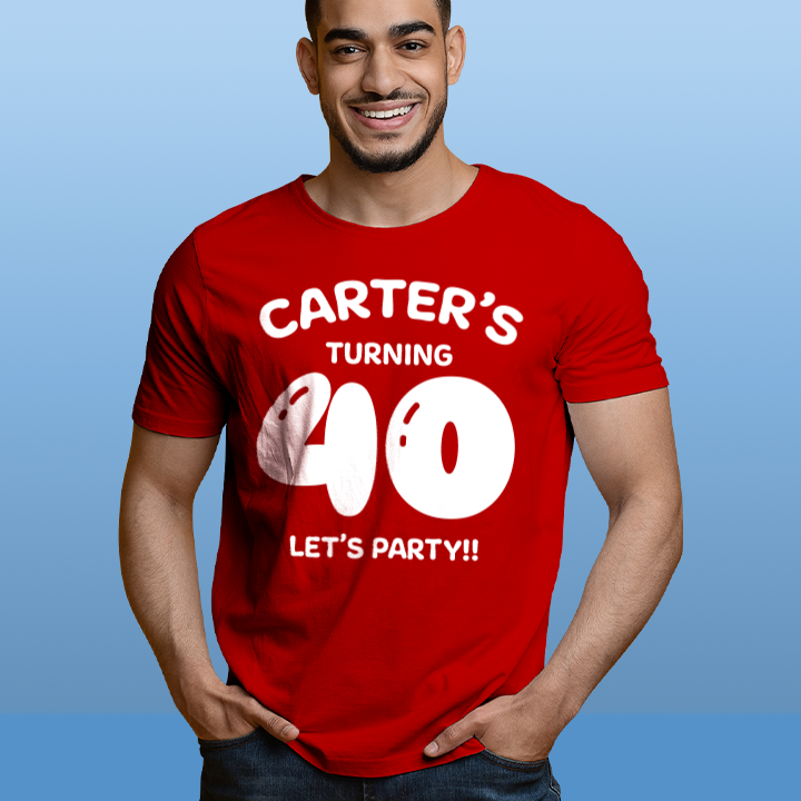 A custom 40th birthday t-shirt which has the custom text Jayden's turning 40, Let's Party!! with the 40 in a balloon text