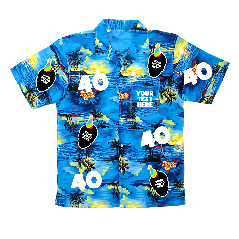 A 40th birthday Hawaiian shirt that can be personalised with photos of your friend’s face put all over the shirt 