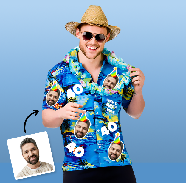 A male model wearing a 40th birthday Hawaiian shirt that can be personalised with photos of your friend’s face put all over the shirt 