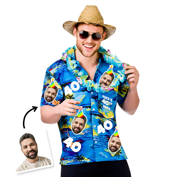 A male model wearing a 40th birthday Hawaiian shirt that can be personalised with photos of your friend’s face put all over the shirt