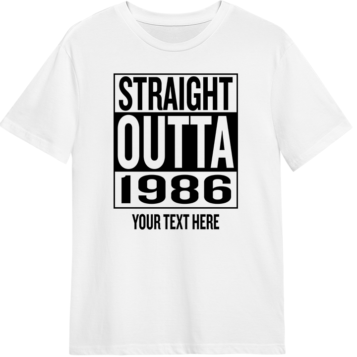 Straight outta compton themed 40th birthday shirt that reads straight outta 1986 with room for a line of custom text 