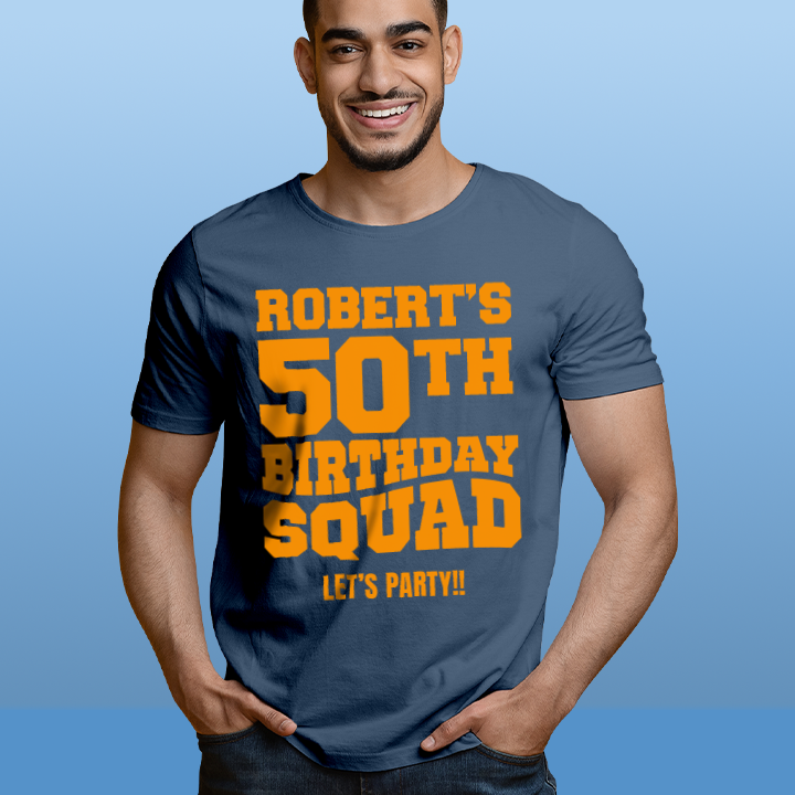 A custom 50th birthday shirt which has the custom text Marty's 50th Birthday Squad, Let's Party!! in a bold blocky font 