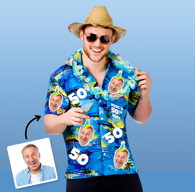 A male model wearing a 50th birthday Hawaiian shirt that can be personalised with photos of your friend’s face put all over the shirt 