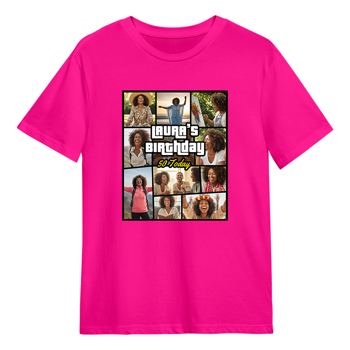 A GTA themed 50th birthday t-shirt that has been personalised with pictures of a 50 year old woman with custom text reading Laura's Birthday 50 Today 