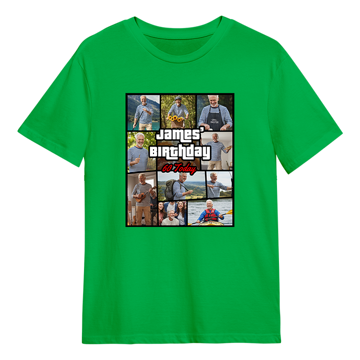 A GTA themed 60th birthday t-shirt that has been personalised with pictures of a 60 year old man with custom text reading James' Birthday 60 Today