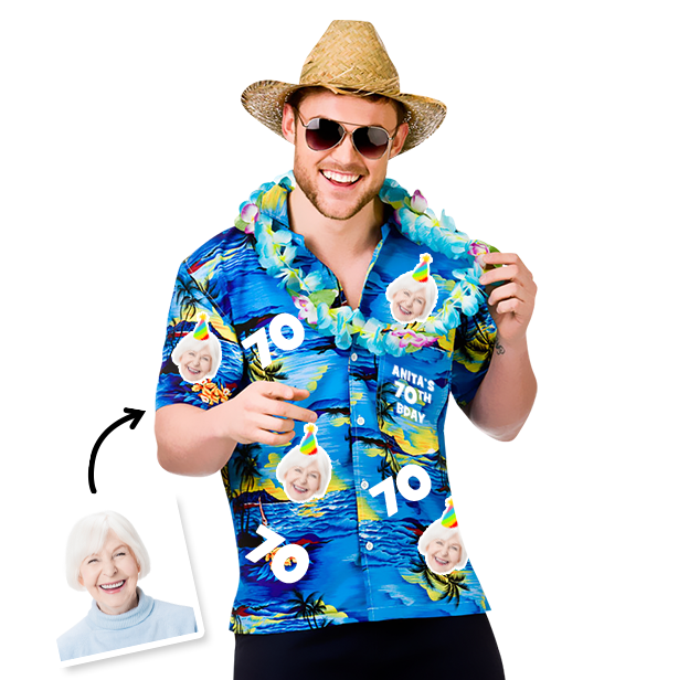 A male model wearing a 70th birthday Hawaiian shirt that can be personalised with photos of your friend’s face put all over the shirt