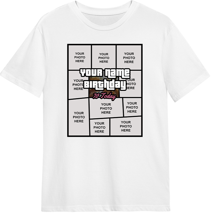 A 70th birthday shirt that is in a GTA style and can be personalised with different images of the birthday person and custom text 
