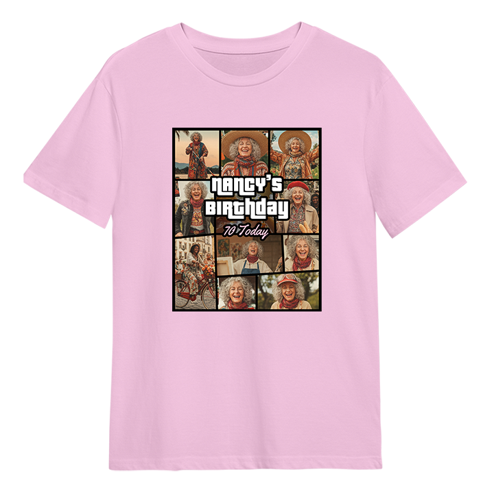 A GTA themed 70th birthday t-shirt that has been personalised with pictures of a 70 year old woman with custom text reading Nancy's Birthday 70 Today