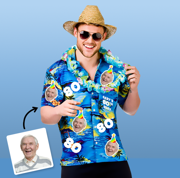 A male model wearing an 80th birthday Hawaiian shirt that can be personalised with photos of your friend’s face put all over the shirt 