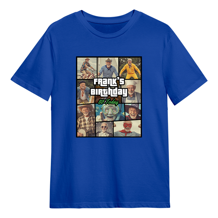 A GTA themed 80th birthday t-shirt that has been personalised with pictures of a 80 year old man with custom text reading Frank's Birthday 80 Today
