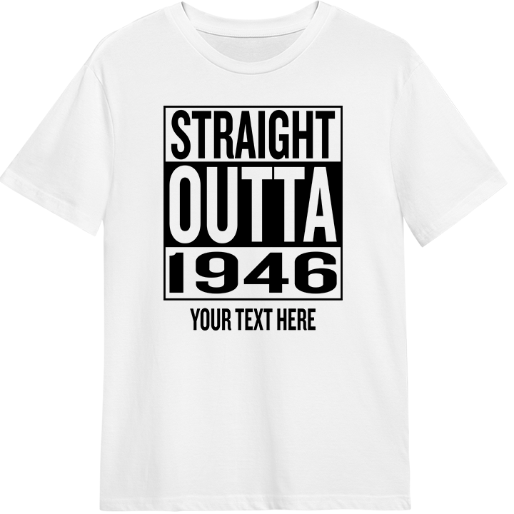 Straight outta compton themed 80th birthday shirt that reads straight outta 1946 with room for a line of custom text 