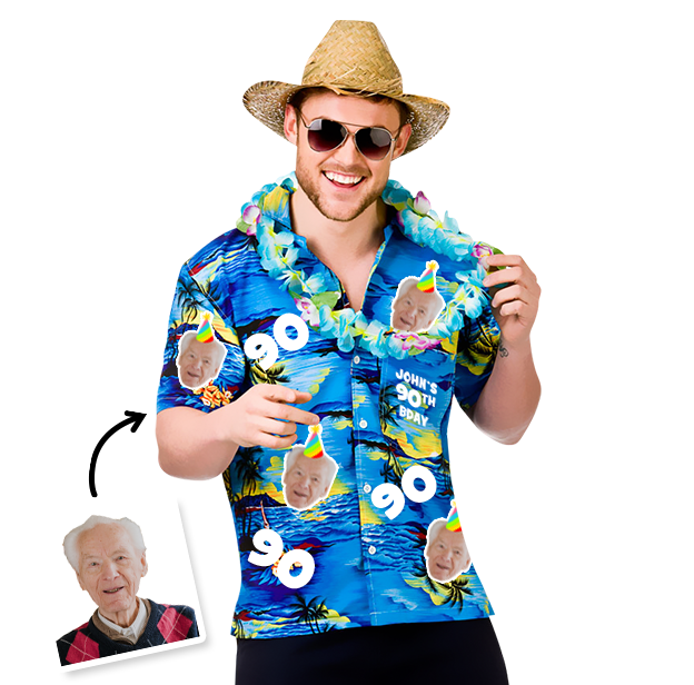 A male model wearing a 90th birthday Hawaiian shirt that can be personalised with photos of your friend’s face put all over the shirt