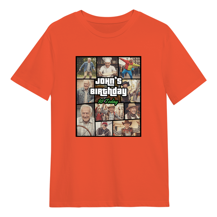 A GTA themed 90th birthday t-shirt that has been personalised with pictures of a 90 year old man with custom text reading John's Birthday 90 Today