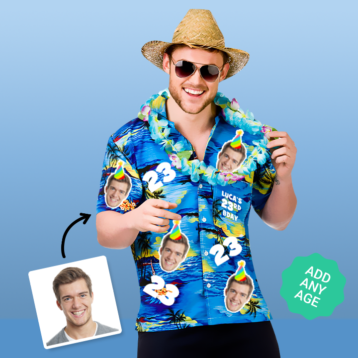 A male model wearing a 23rd birthday Hawaiian shirt that can be personalised with photos of your friend’s face put all over the shirt - can be changed to any age