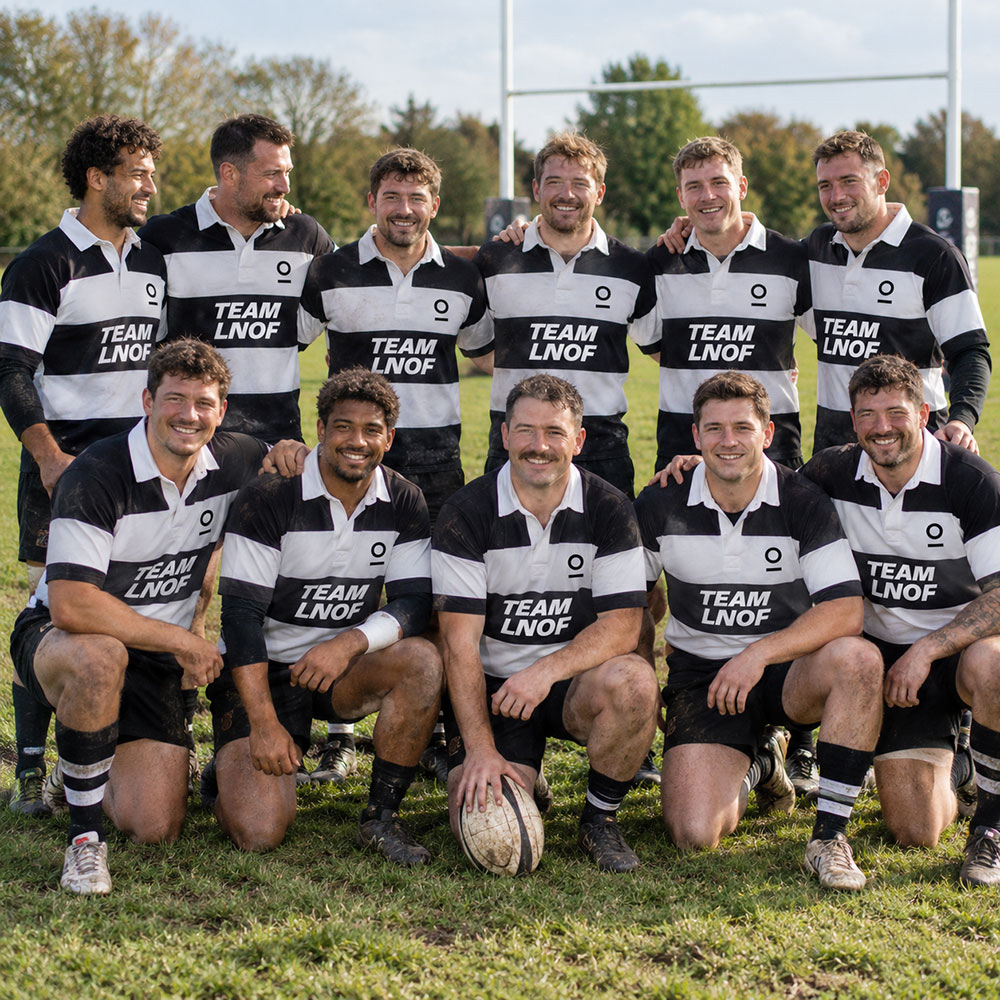 A group of men on a rugby pitch wearing custom black and white rugby shirts that read Team LNOF in the sponsorship area and have a logo which is a circle above a line in the crest area