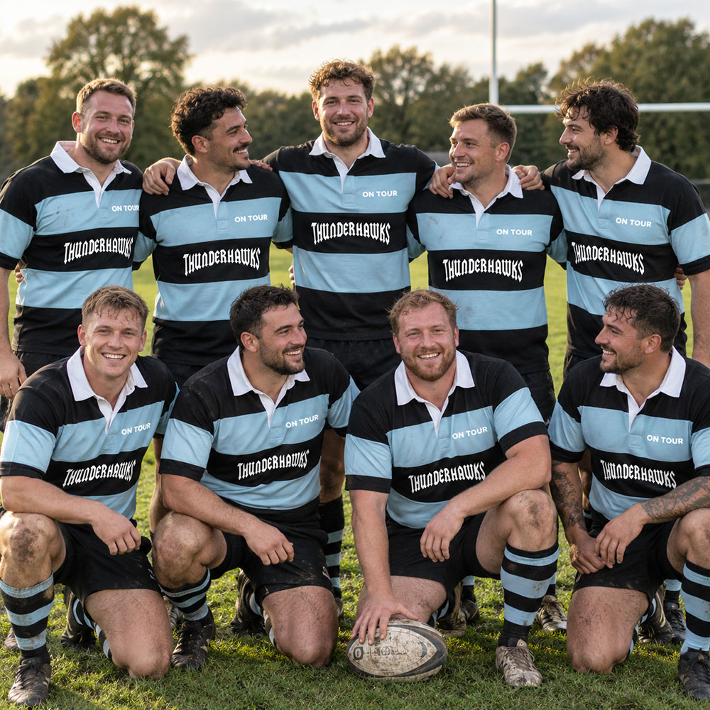 A group of men on a rugby pitch wearing custom blue and black rugby shirts that read Thunderhawks in the sponsorship area and on tour in the crest area