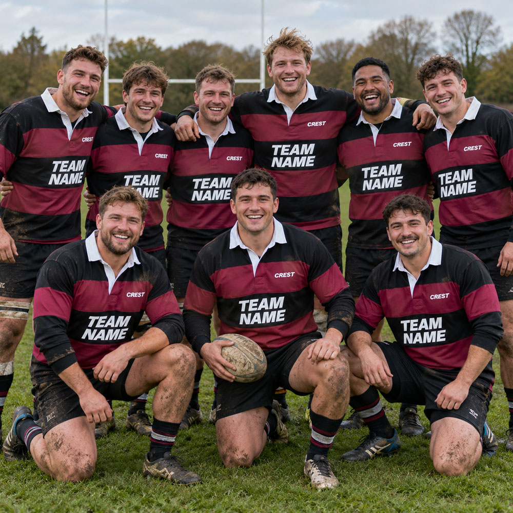 A group of men on a rugby pitch wearing custom red and black rugby shirts that read Team Name in the sponsorship area and crest in the crest area